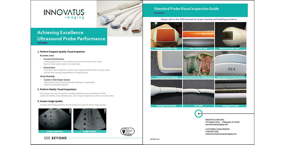 Two-page brochure by INNOVATIS Imaging titled 'Achieving Excellence Ultrasound Probe Performance' with a teal header and bullet lists of inspection steps and example photos on the left page.