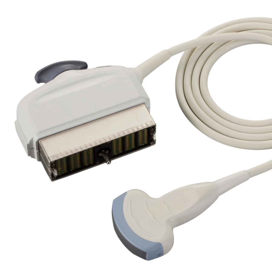 Ultrasound transducer (probe) with cable and connector against a white background, ready for imaging use