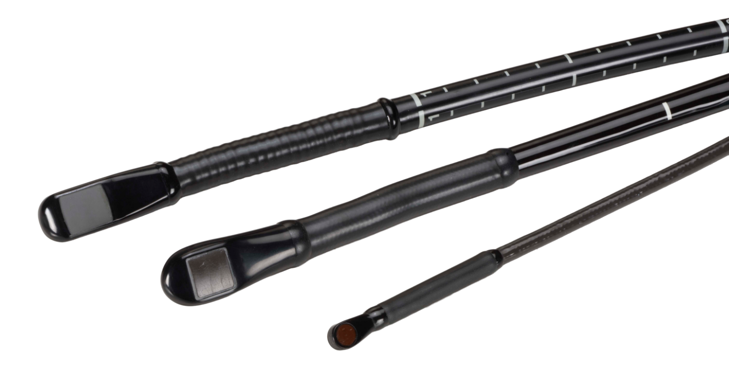 Three flexible endoscopes/probes with varying shaft textures on a black background, ready for endoscopic examination.