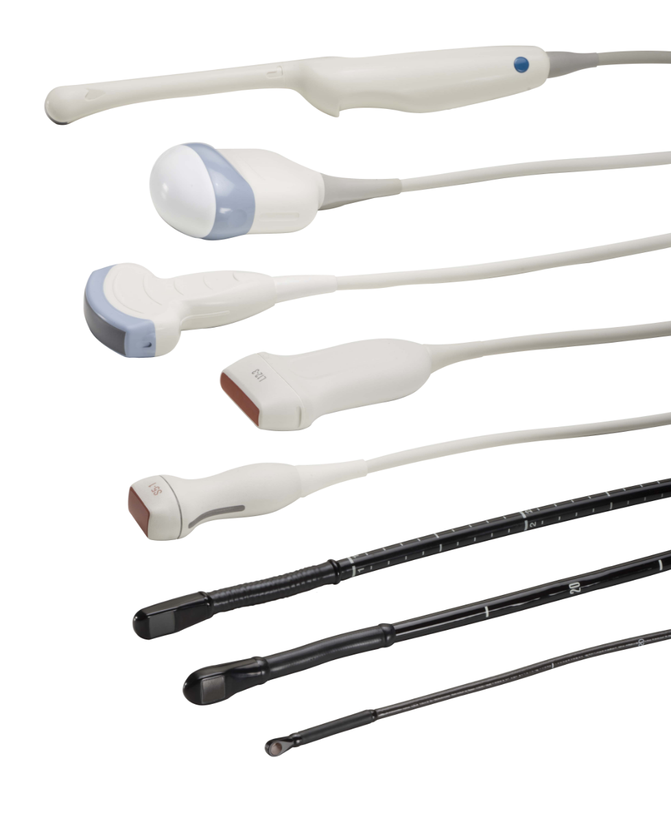 Collection of medical ultrasound probes in white and black, aligned vertically on a black background.