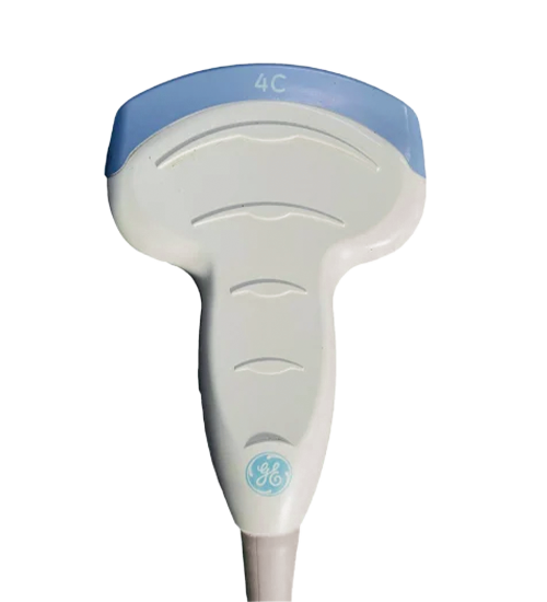 GE ultrasound transducer (4C) with blue top, white body and GE logo at the handle area