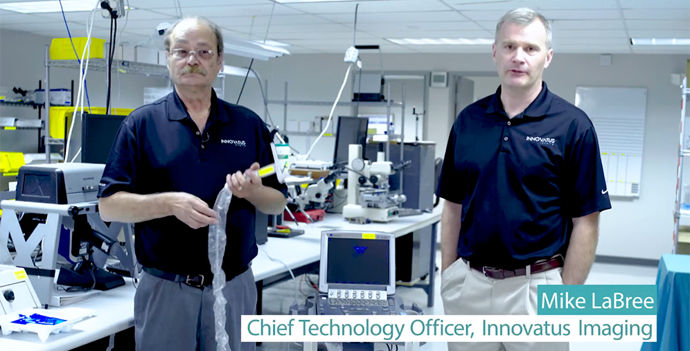 Two men in a lab with medical equipment; overlay reads 'Mike LaBree, Chief Technology Officer, Innovatus Imaging'.
