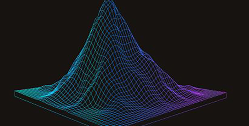 Colorful 3D mesh plot with a tall peak on a dark background, representing a data surface.