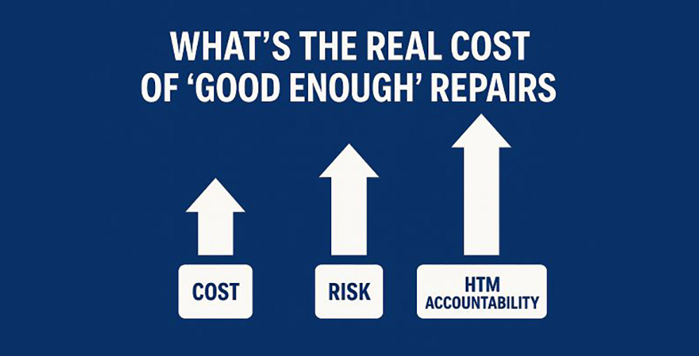 Blue infographic with the title 'What’s the real cost of ‘good enough’ repairs' and three white arrows rising left to right labeled COST, RISK, HTM ACCOUNTABILITY, illustrating increasing costs and accountability.