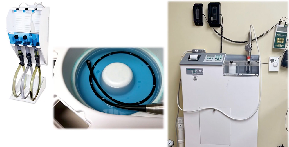 Collage of medical equipment: tubing device on the left, a blue circular chamber in the center, and a white clinical machine with tubes on the right.
