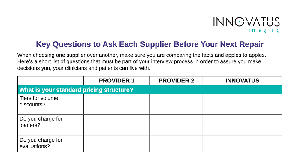 Document titled 'Key Questions to Ask Each Supplier Before Your Next Repair' showing a three-column comparison table (Provider 1, Provider 2, Innovatus) with a teal header row and the question 'What is your standard pricing structure?'