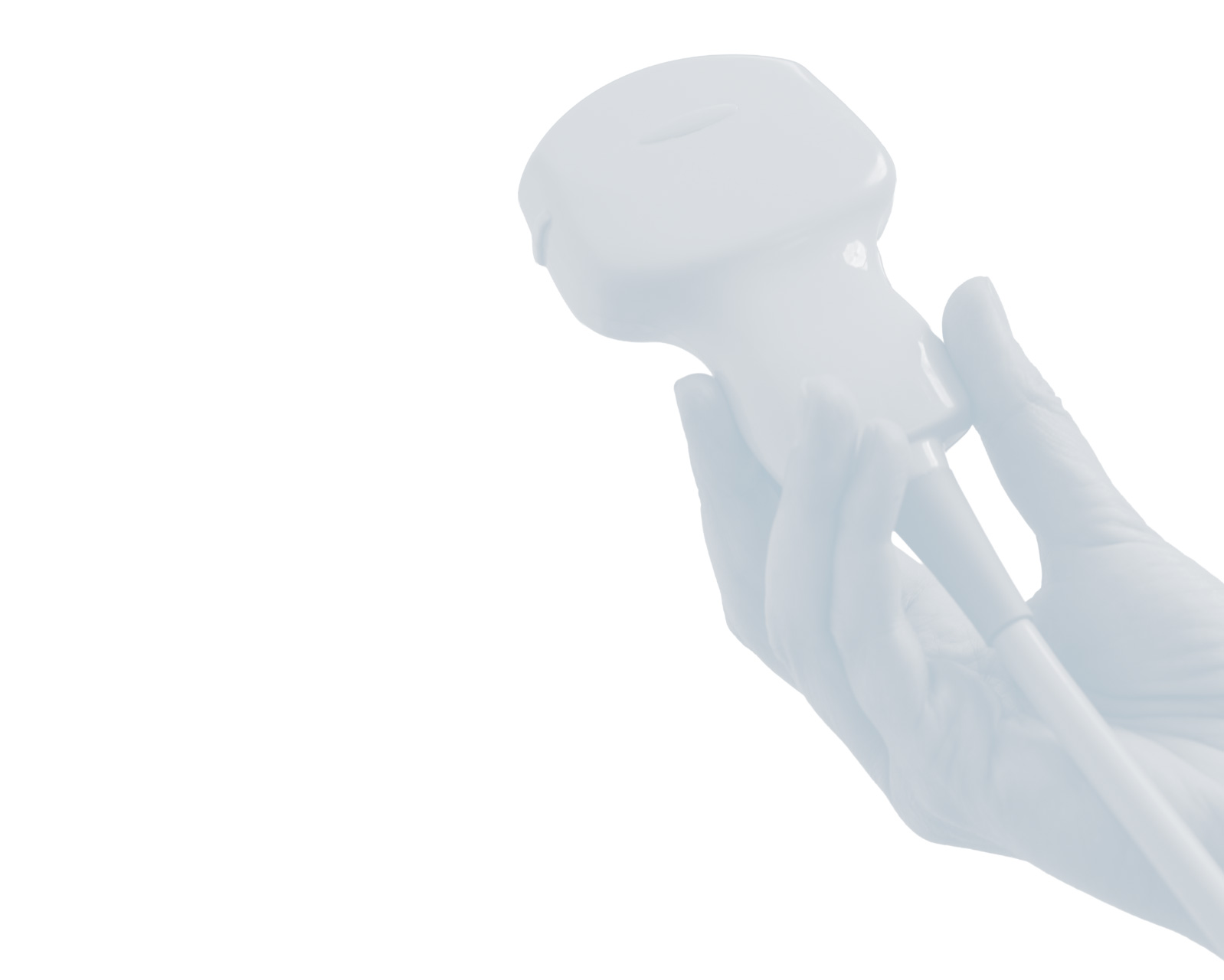 Gloved hand holding a smooth, rounded white object against a white background.
