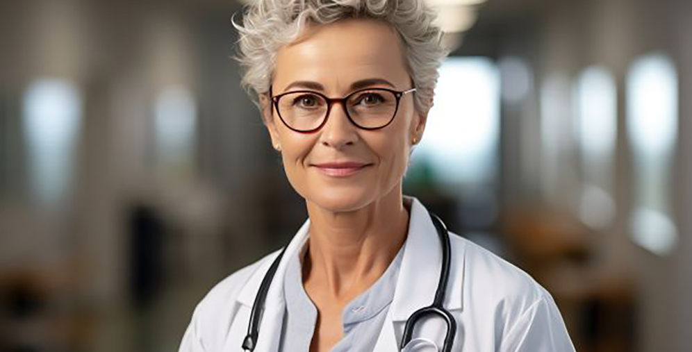 Female doctor with short gray hair and glasses, wearing a white coat and stethoscope in a hospital hallway